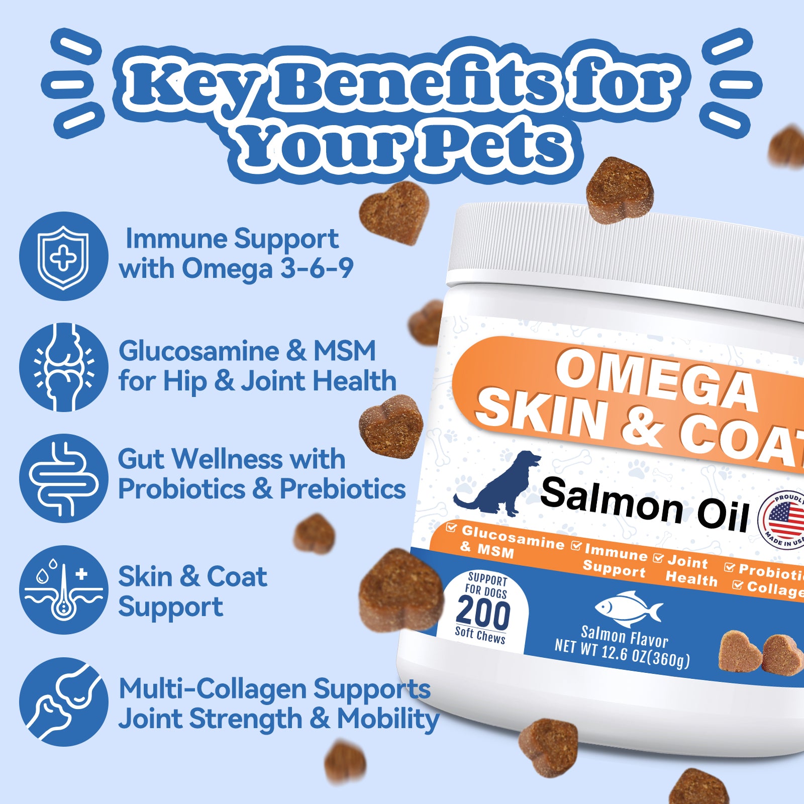 ColEaze Omega Skin & Coat Chews for dogs – 200 Soft Chews of Total Body Domination. Salmon Oil + Glucosamine + MSM + 5-Strain Probiotics + Multi-Collagen. No Greasy Residue. No Grain. No Sugar. Just a Shiny Coat, Strong Joints, and an Iron Immune System