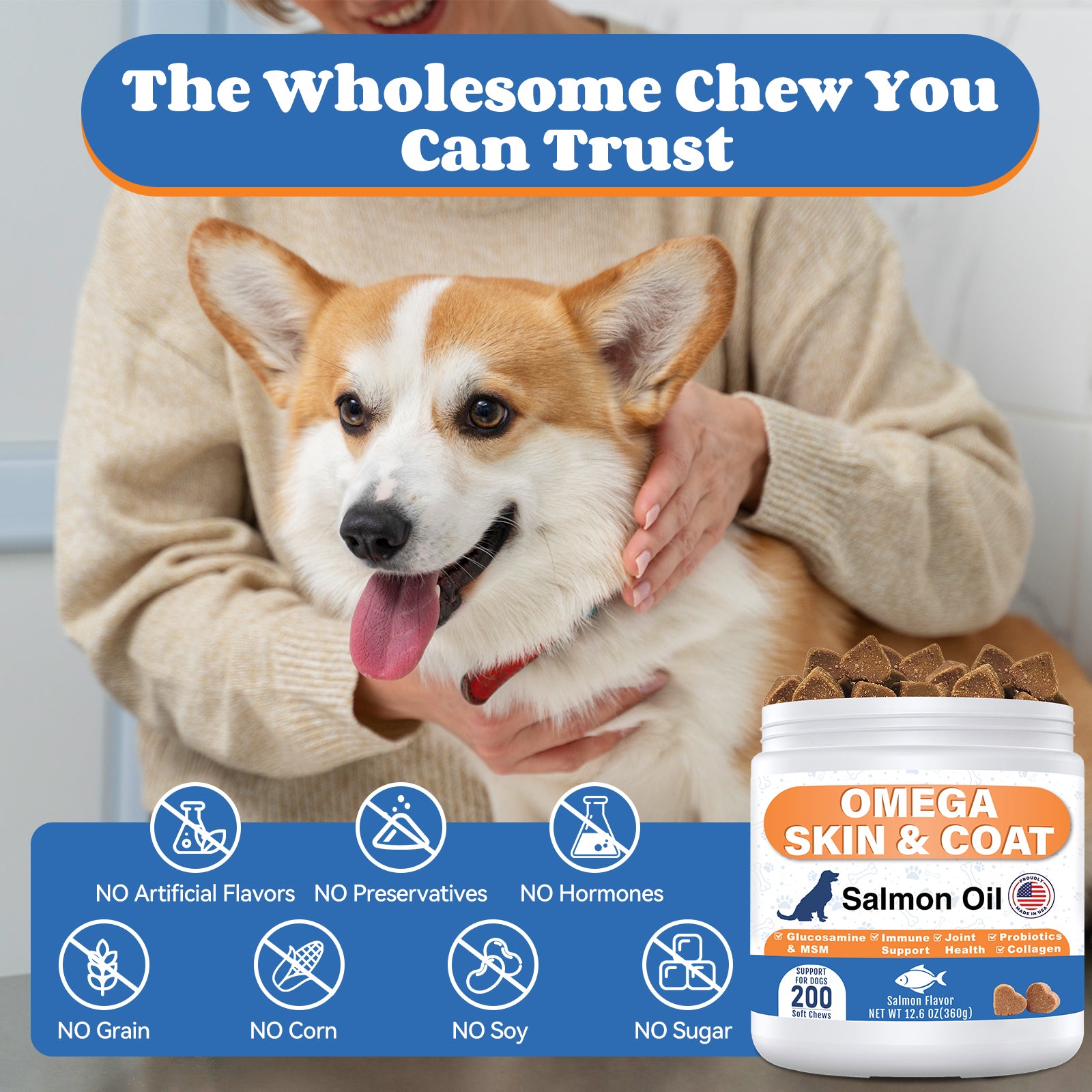 ColEaze Omega Skin & Coat Chews for dogs – 200 Soft Chews of Total Body Domination. Salmon Oil + Glucosamine + MSM + 5-Strain Probiotics + Multi-Collagen. No Greasy Residue. No Grain. No Sugar. Just a Shiny Coat, Strong Joints, and an Iron Immune System