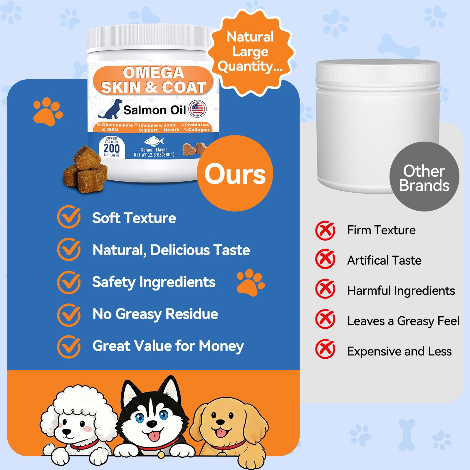ColEaze Omega Skin & Coat Chews for dogs – 200 Soft Chews of Total Body Domination. Salmon Oil + Glucosamine + MSM + 5-Strain Probiotics + Multi-Collagen. No Greasy Residue. No Grain. No Sugar. Just a Shiny Coat, Strong Joints, and an Iron Immune System